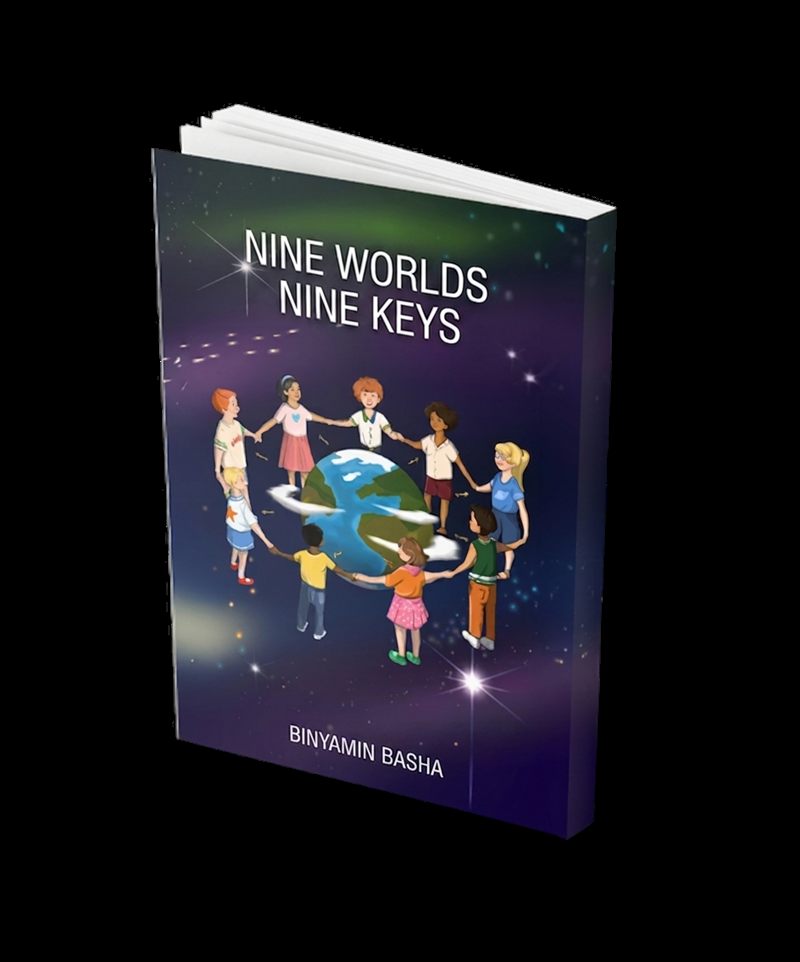 Cover of the book Nine Worlds, Nine Keys by Benjamin Basha, children holding hands around planet Earth against a starry sky